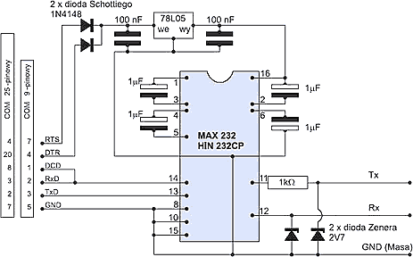 Схема переходника на микросхеме MAX-232, который позволяет подключить технологический порт накопителя Seagate к компьютерному COM-порту