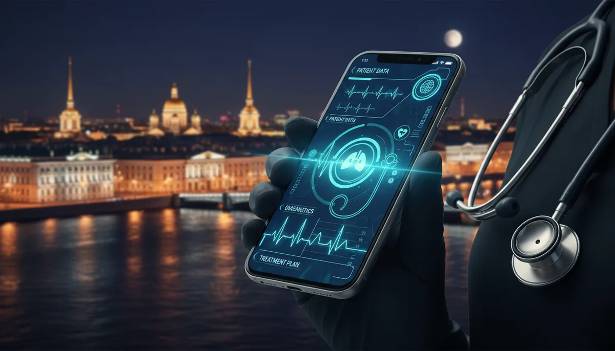 смартфон с медицинским интерфейсом, стетоскоп, городской ночной пейзаж Петербурга
