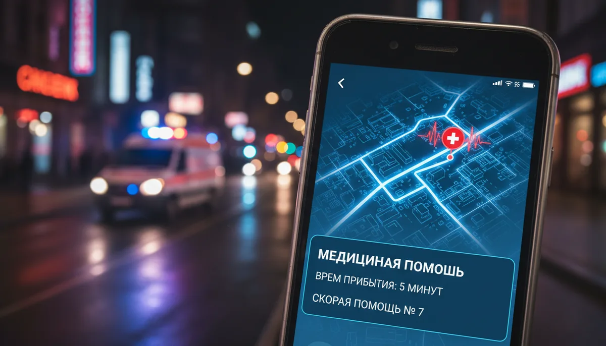 Экран смартфона с медицинским приложением, городская ночная улица, машина скорой помощи