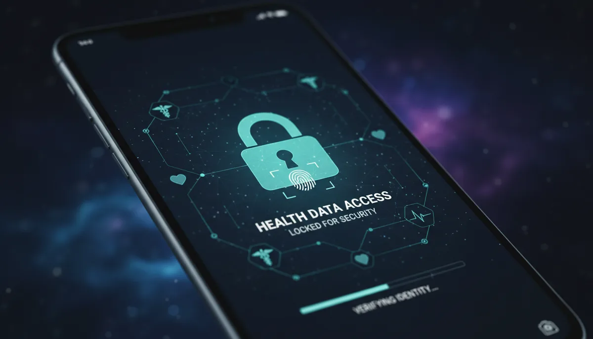 экран смартфона с медицинским интерфейсом, замок безопасности, тёмный фон