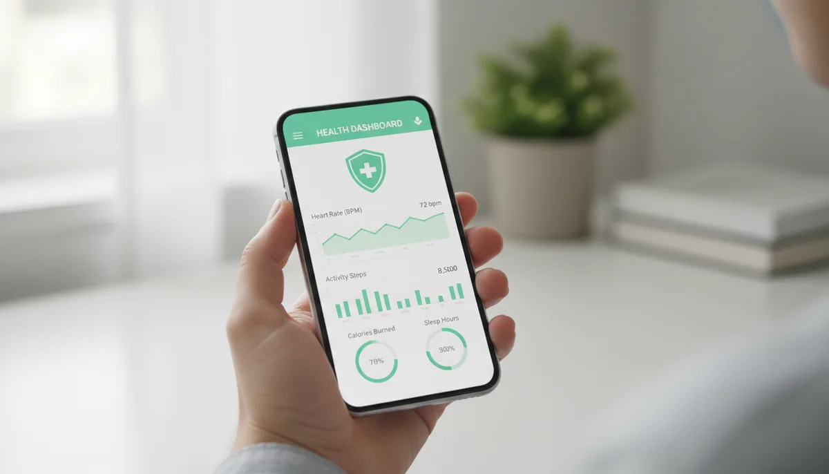 Смартфон с медицинским приложением на экране, рука человека, нейтральный светлый фон домашнего кабинета