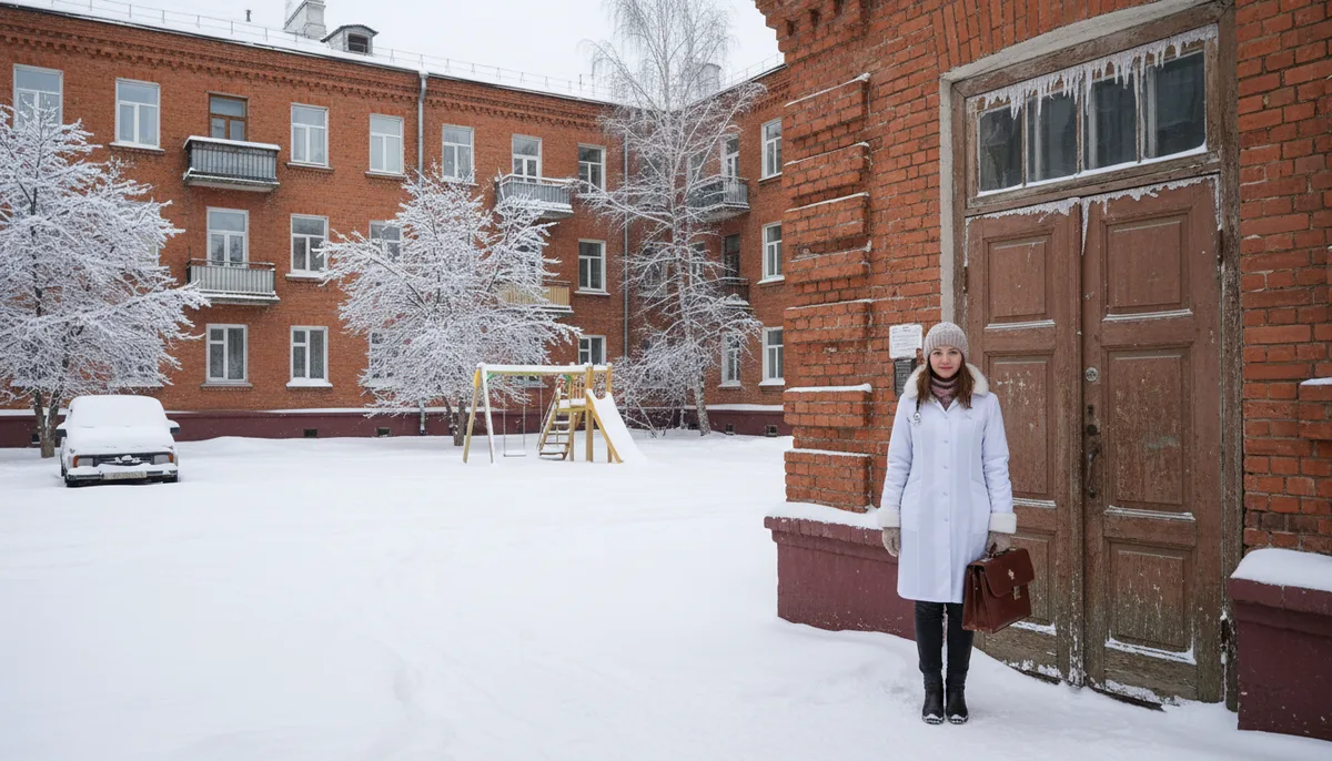 Врач с медицинским чемоданчиком у двери жилого дома, зимний казанский двор