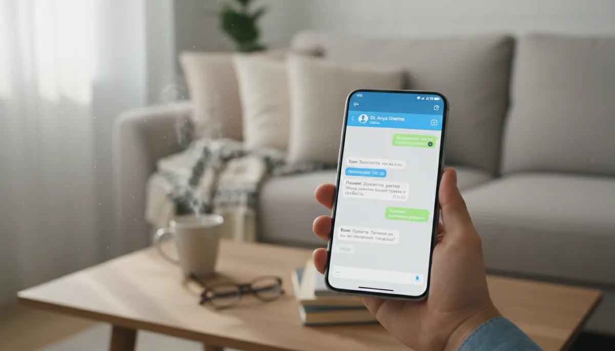 Экран смартфона с медицинским чат-интерфейсом, рука врача, домашний интерьер