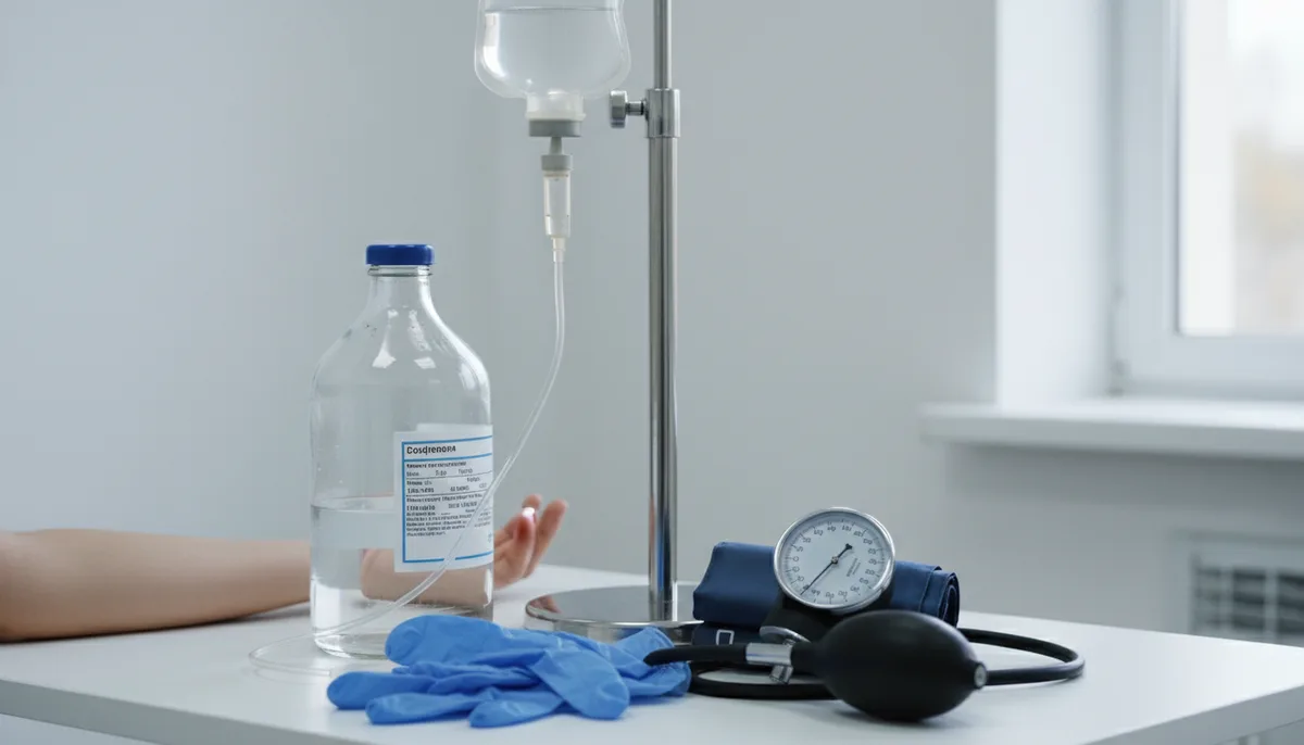 Инфузионная система, флакон с раствором, тонометр, медицинские перчатки на столе